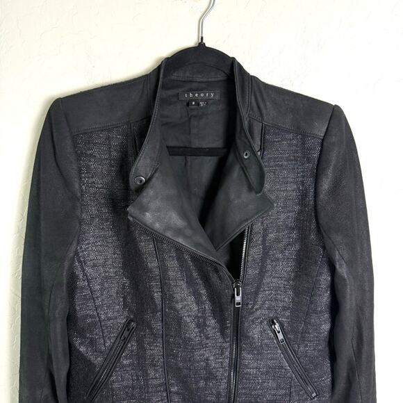 Theory Black Scheli Cross Hatch Silk Goat Leather Moto Jacket Size 8 B0602101 - Picture 3 of 16